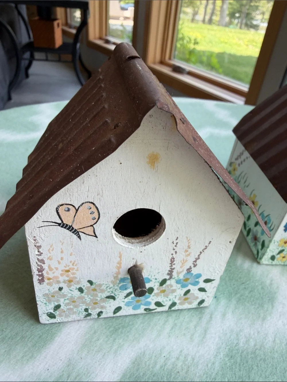 2 Hand-Painted Decorative miniature Birdhouses with Floral Butterflies